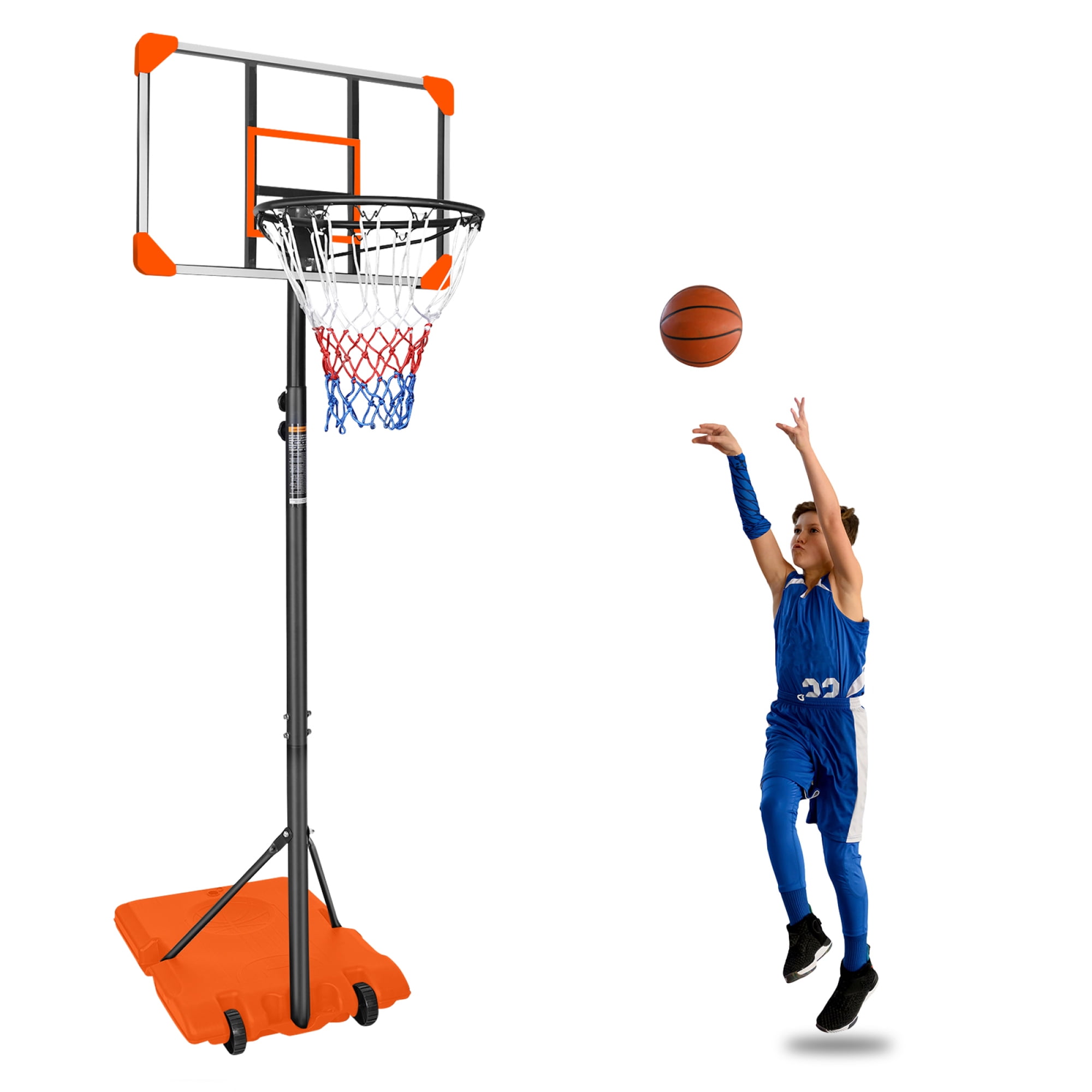 Portable Basketball Hoop,Outdoor Basketball Hoop Adjustable Height 5.6ft - 7ft,28 Inch Backboard with 2 Wheels for Kids Youth in Backyard Driveway,Orange
