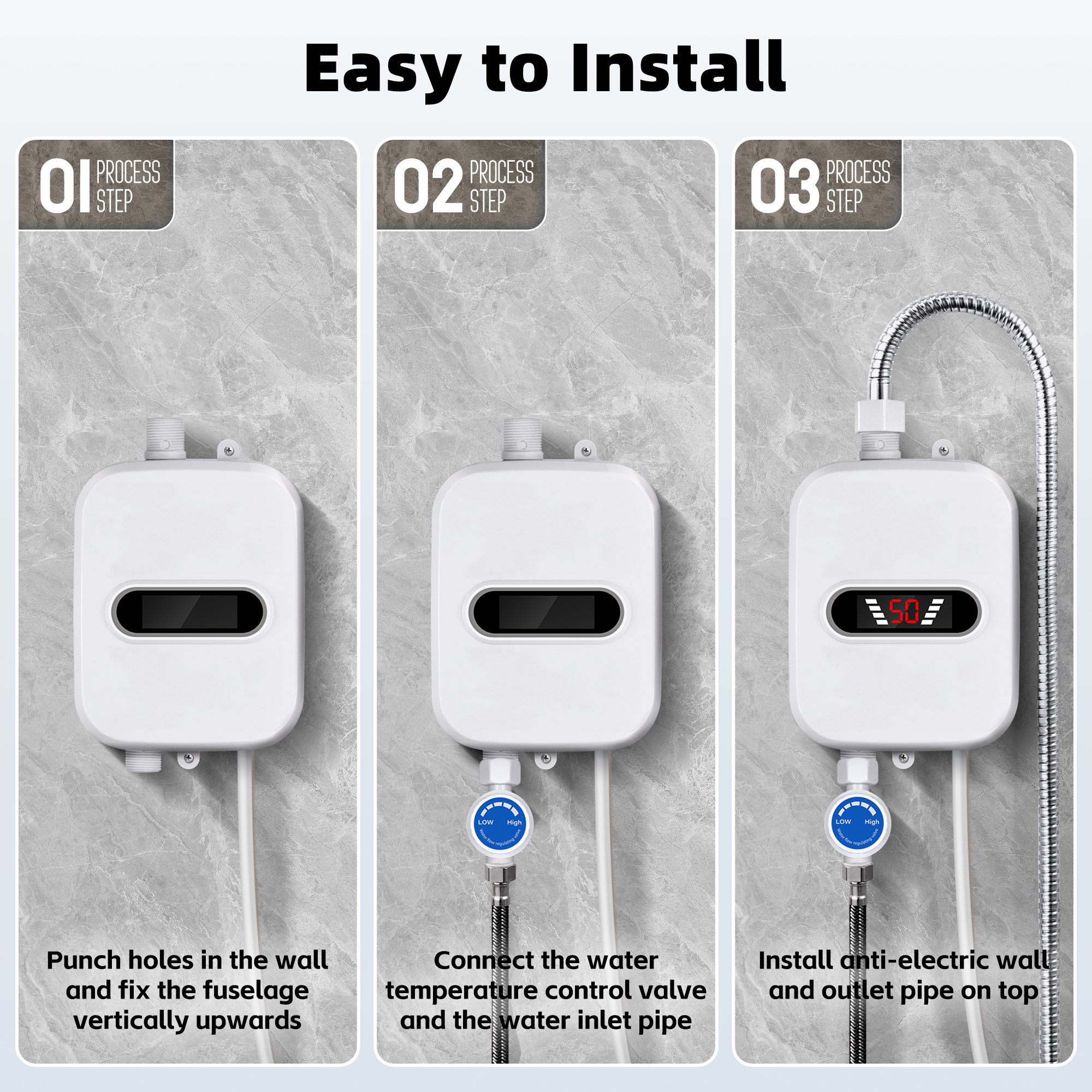 IHRAT Electric Tankless Water Heater with Shower Head Set, 3500W Instant Hot Water Heater with LCD Display for Home Bathroom - White