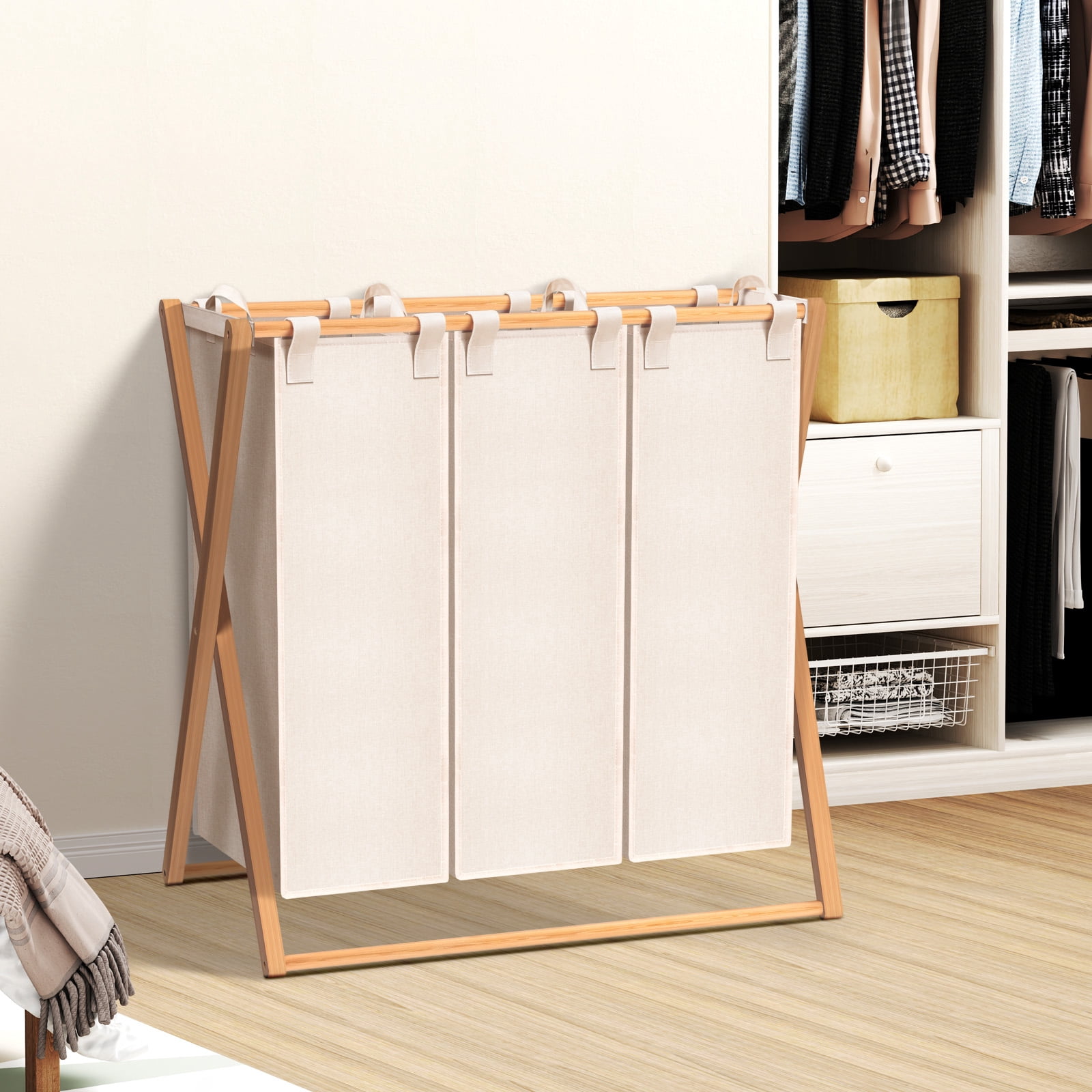 150L Laundry Hamper,Collapsible Laundry Basket,Bamboo Clothes Hamper,Foldable Hamper for Bedroom, Laundry Room, Bathroom, Beige