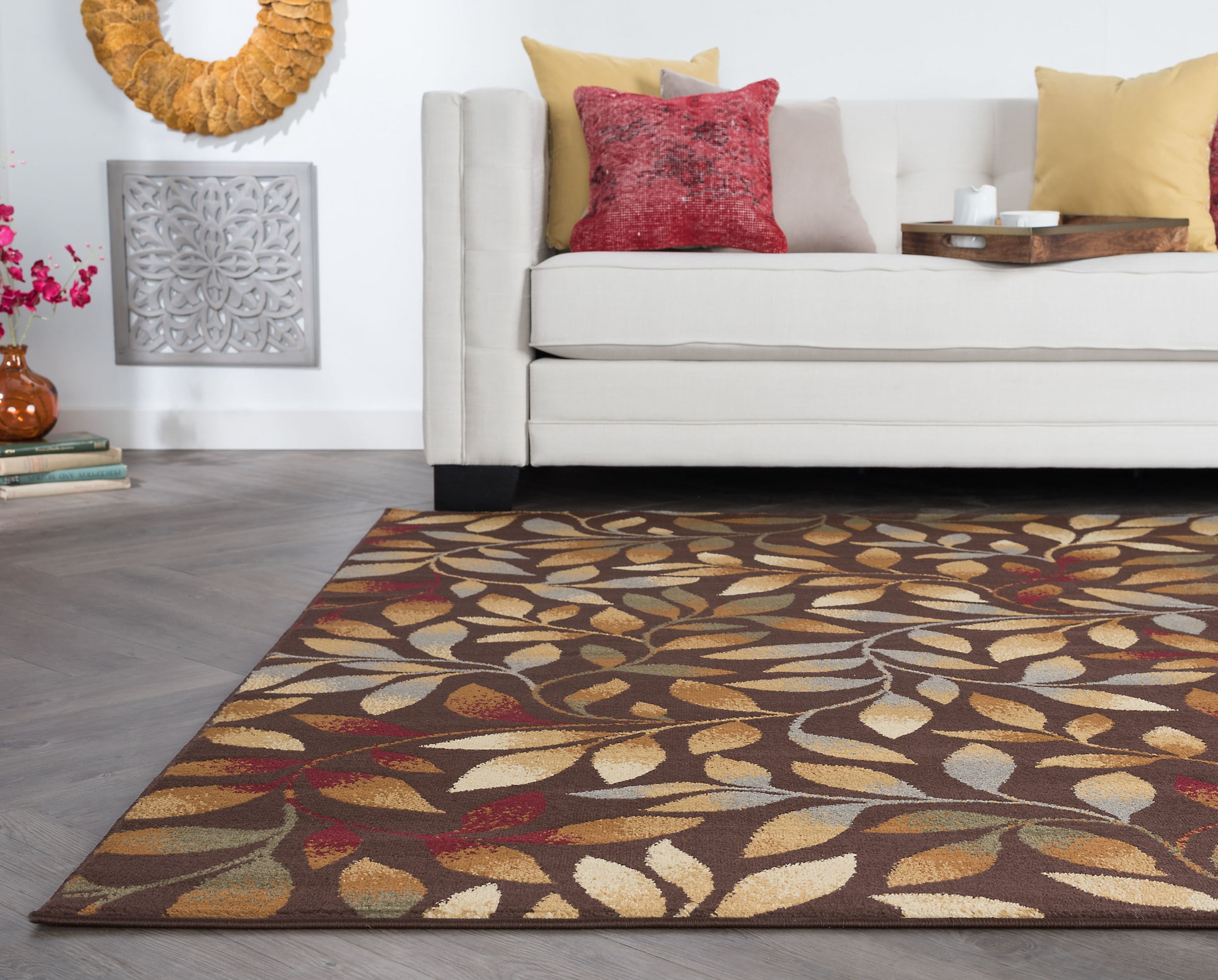 Transitional 8x10 Area Rug (7'6'' x 9'10'') Floral Brown, Red Living Room Easy to Clean
