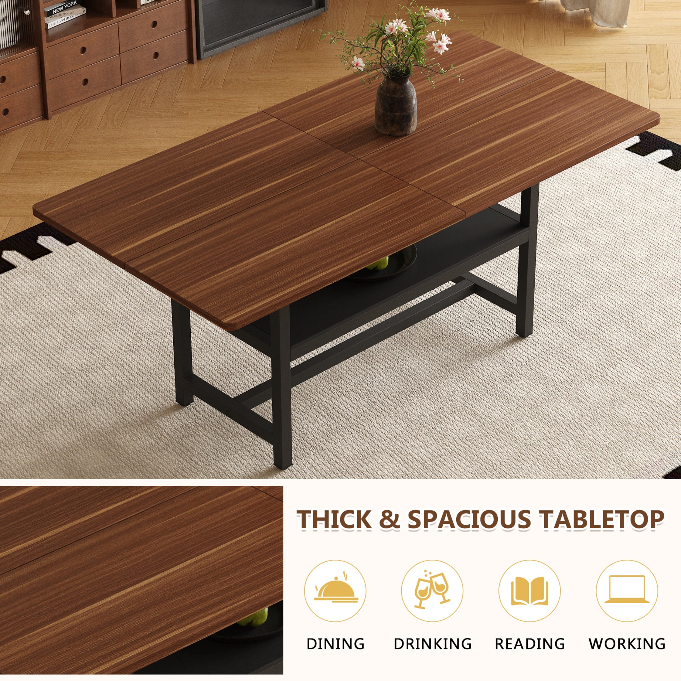 71" Dining Table, Minimalist Kitchen Table for 4-6, MDF Dinner Table with Metal Legs, for Kitchen, Dining Room, Walnut