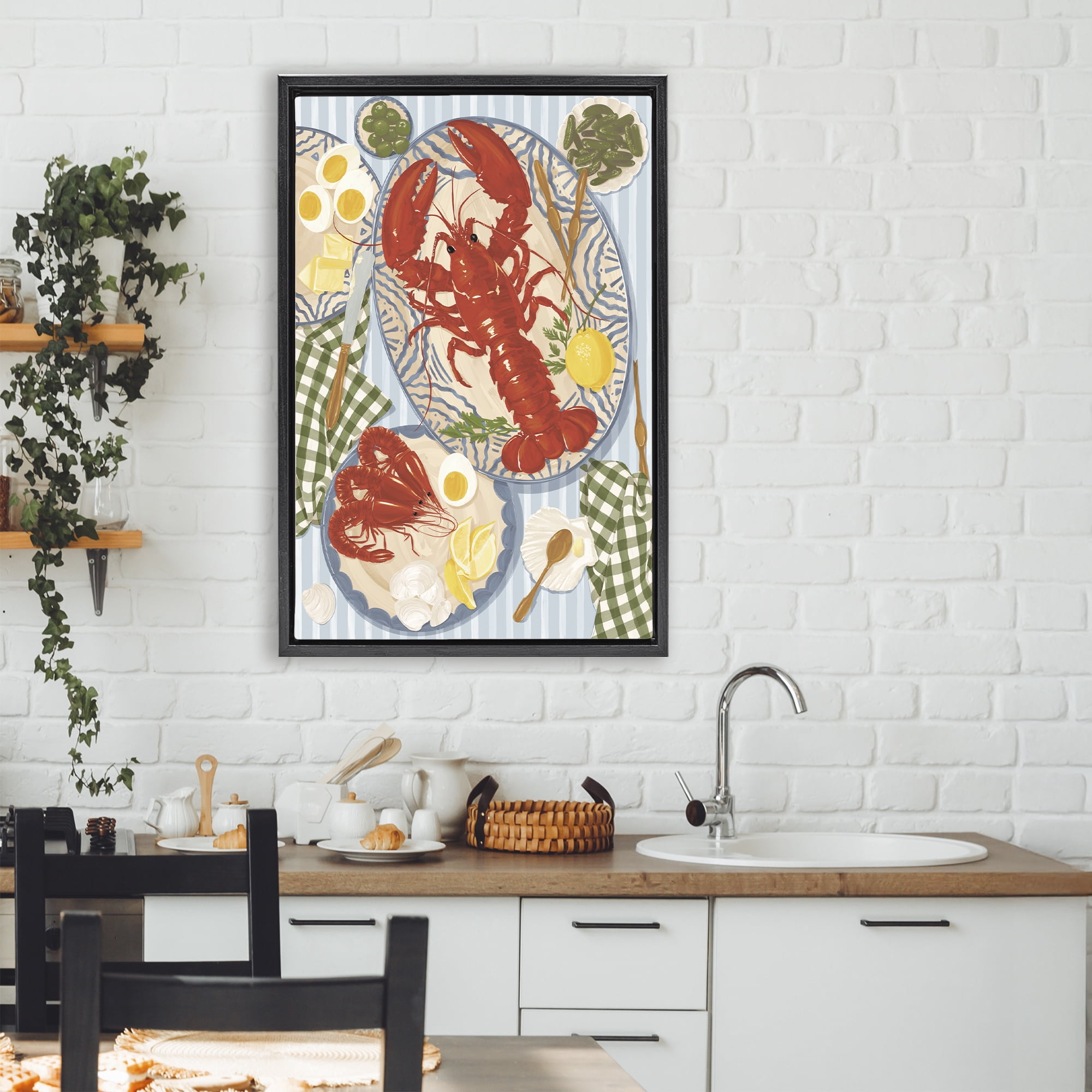 Stupell Industries Lobster For Lunch Platter Black Framed Floater Canvas Wall Art, design by Vero Illustrates