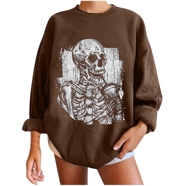 Sudadera extragrande de lana de manga larga con cuello redondo y estampado de calavera para mujer Pompotops gfhjh16839