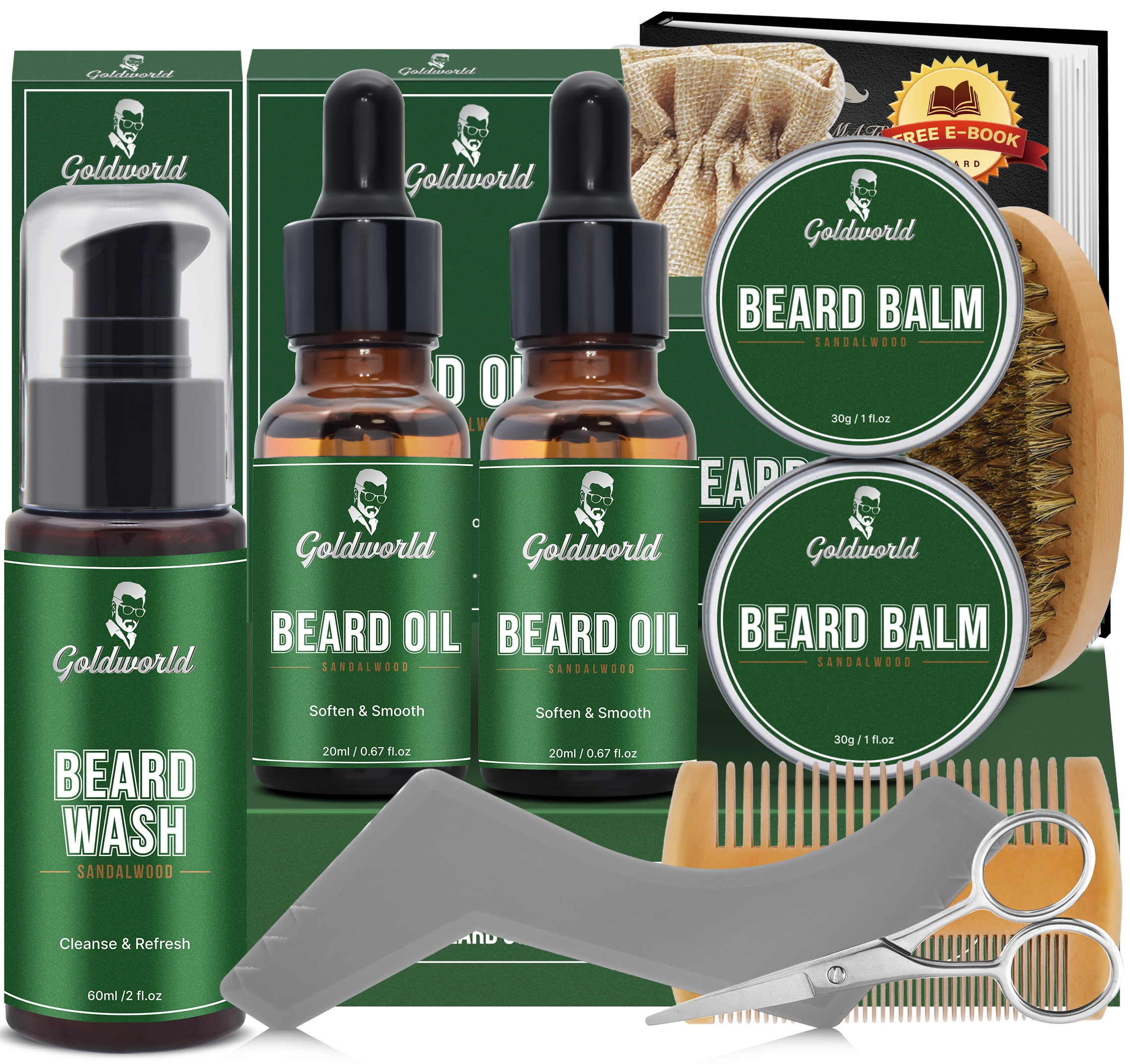 GOLDWORLD Beard Growth Grooming Kit W/2 Pack Beard Oil & 2 Pack Beard Balm,Beard