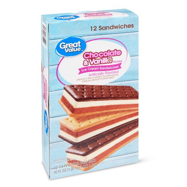 Great Value Chocolate Vanilla Ice Cream Sandwiches 42 Oz 12 Count Walmart Com