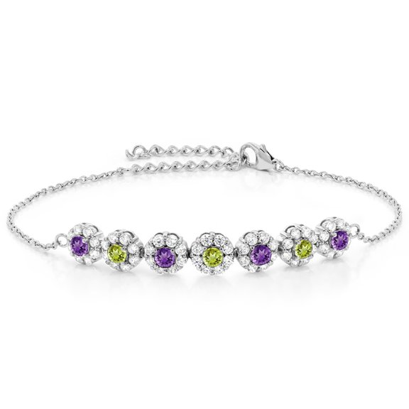 Gem Stone King 925 Sterling Silver Purple Amethyst and Green Peridot Tennis Bracelet for Women (1.22 Cttw, Gemstone February Birthstone, 7 inch with 2 inch Extender)