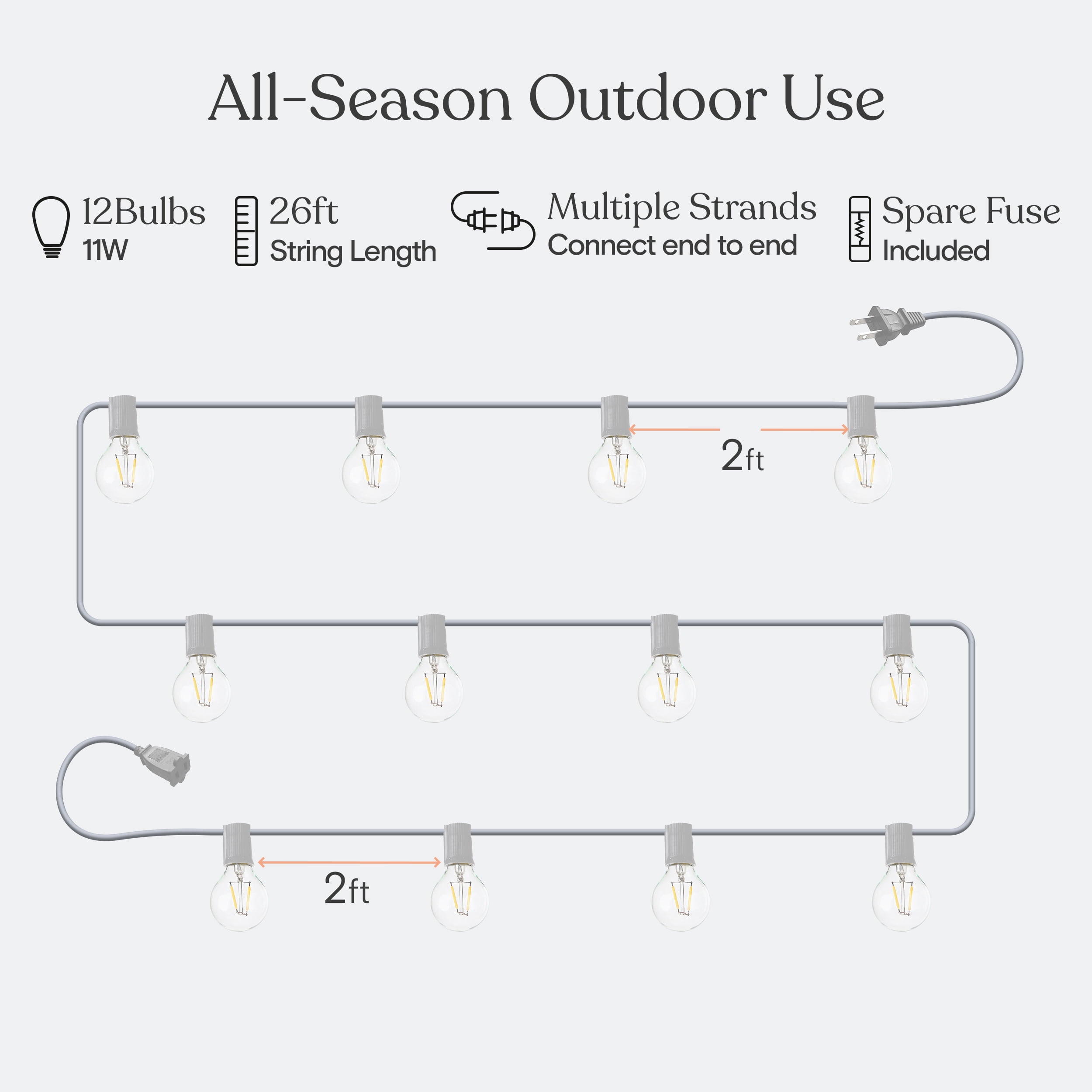 Brightech Ambience Pro LED Outdoor String Lights 26 ft, Waterproof Shatterproof 1W Globe Bulbs for Patio, Porch, Backyard, 2700K Soft White