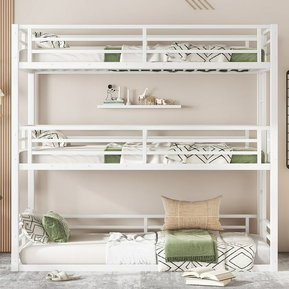 Twin XL over Twin XL over Twin XL Bunk Bed, Metal Triple Bunk Bed with Safety Guardrails, Heavy-duty Bunk Bed with Noise-reduced Design, White
