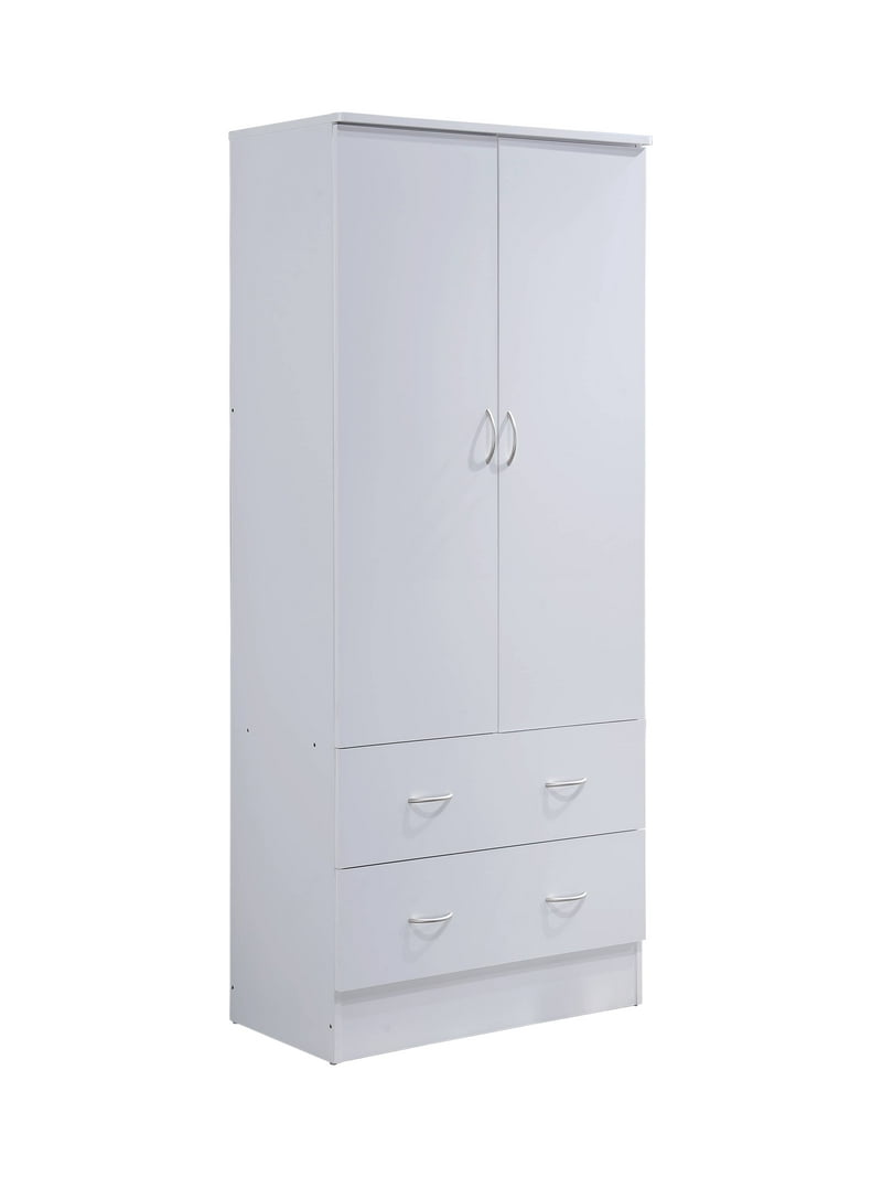Hodedah Two Door Wardrobe with Two Drawers and Hanging Rod, White