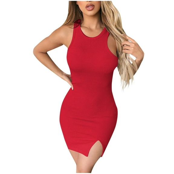 Umfun Women Casual Party Tight Dress, Womens Wedding Guest Dresses, Solid Split Round-Neck Sleeveless Dress Size S to 2XL Red