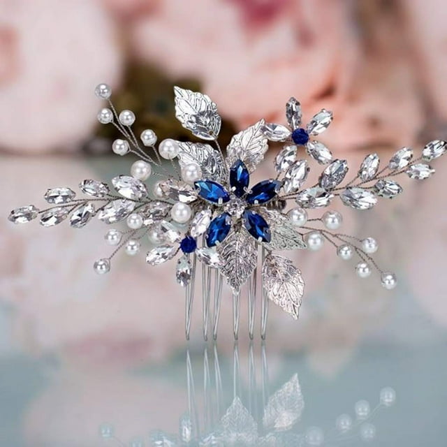 Peineta para el cabello de boda, accesorios para el cabello nupcial con diamantes de imitación azules para novia y damas de honor, pieza para el cabello de boda plateada Namotu CZMR-XM82