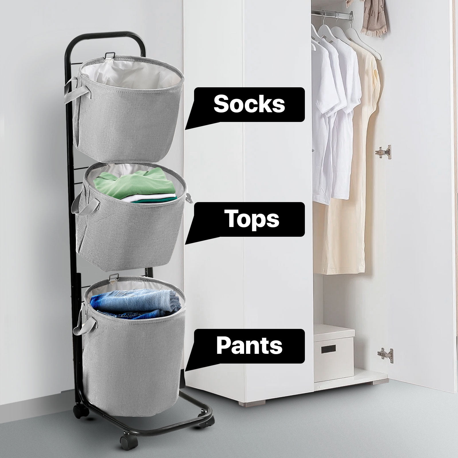YOUPINS 3-Tier Laundry Hamper Sorter, Laundry Storage Organizer with Wheels Movable Rolling Laundry Baskets Cart,Laundry Butler for Bathroom Bedroom Laundry Room, Dark Gray