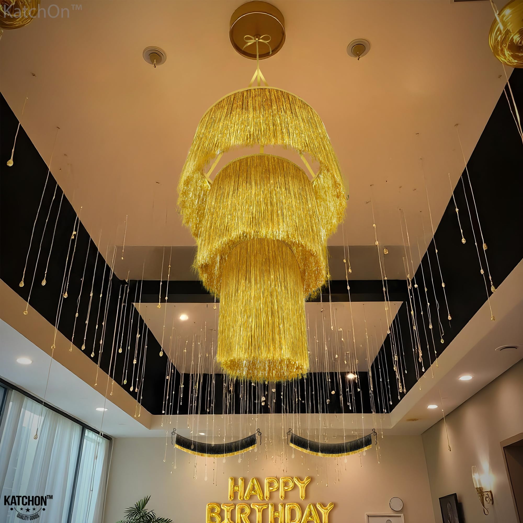 KatchOn, Gold Tinsel Chandelier Party Decor - 20 Inch | Gold Chandelier for New Years Eve Ceiling Decorations | New Years Decorations, Gold Disco Party Decoration, New Years Eve Party Supplies 2026