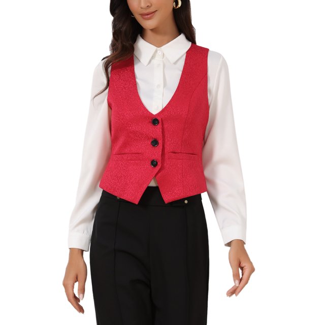INSPIRE CHIC Chaleco Vintage para Mujer, Botones Jacquard Steampunk, Chaleco con Bolsillos M Rojo