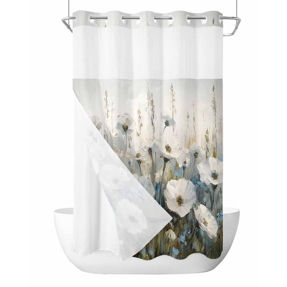 No Hook Shower Curtains with Snap in Liner, Spring White Floral Fabric Shower Curtain, Abstract Oil Painting Flower Leaf Plant Double Layers & See-Through Top Window Bathroom Curtains 54''x78''