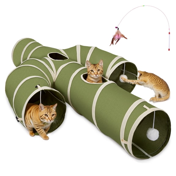 Ownpets Green Cat Tunnel Cactus-Shaped with Cat Wand Toy Interactive Peek Hole Pet Tunnel Tube