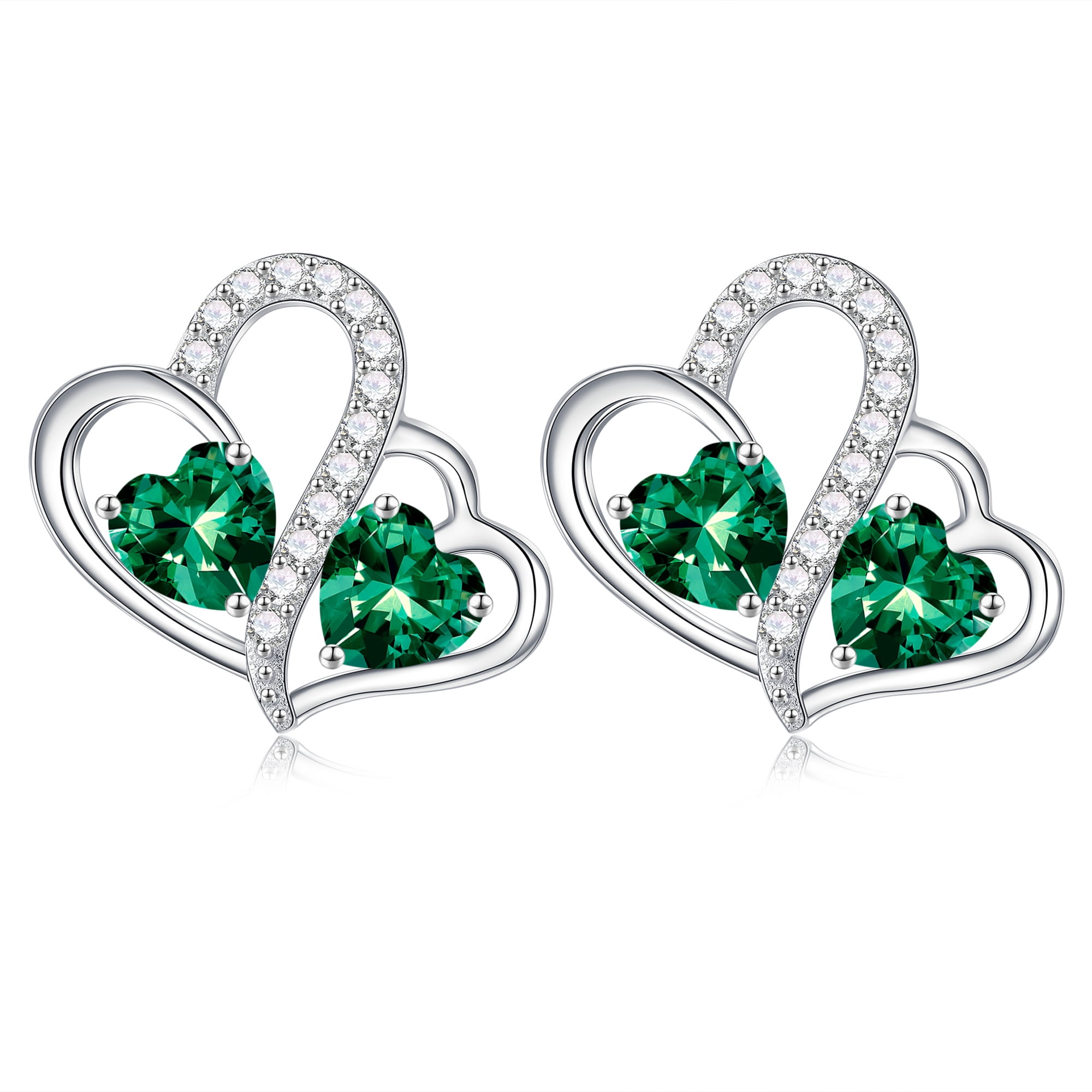 Turandoss Birthstone Earrings for Women 925 Sterling Silver CZ Double Heart Birthstone Trendy Jewelry Birthday Valentine's Day Gifts for Women Wife Her