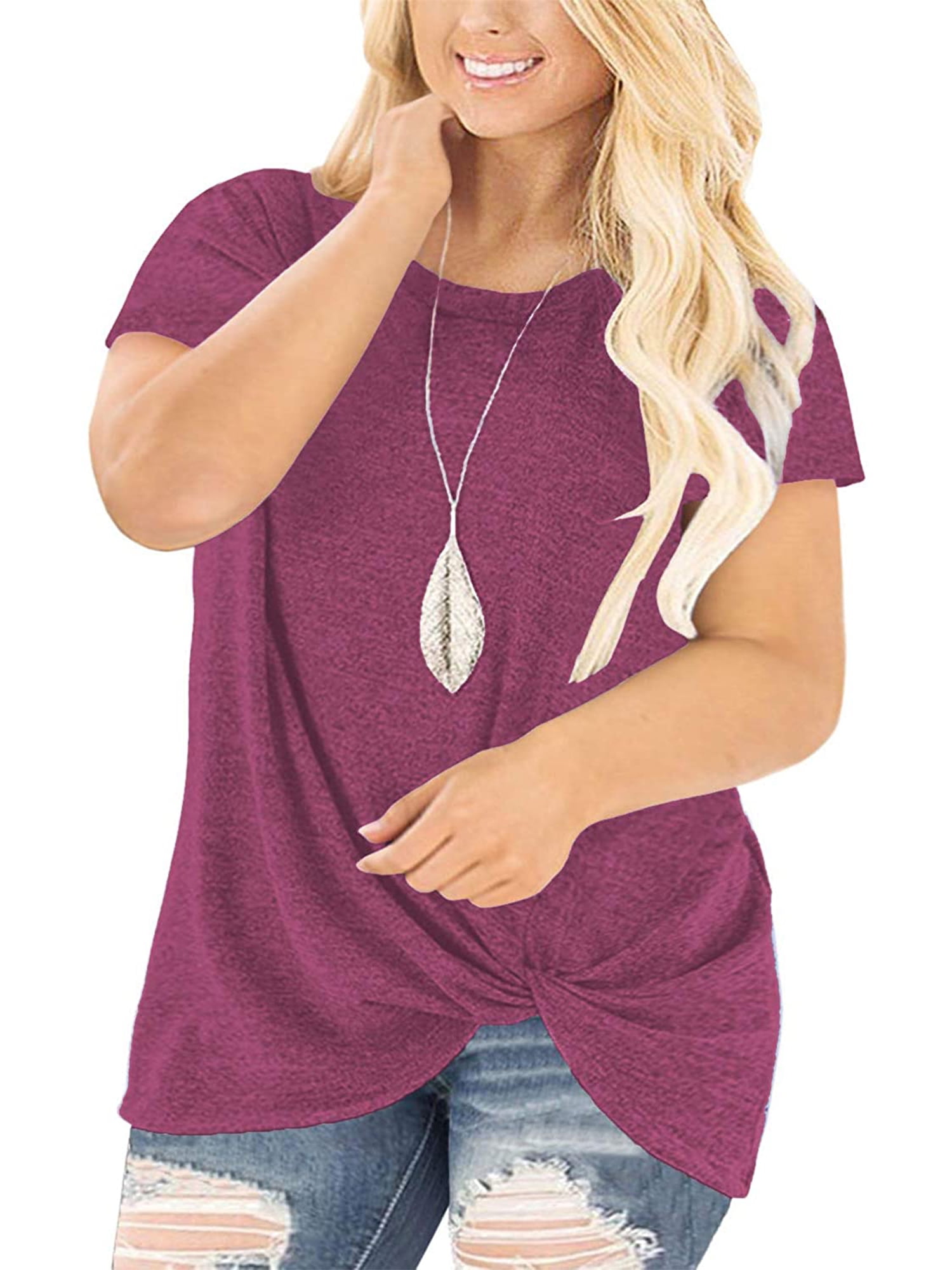 Womens Casual Tunic Tops Crew Neck Comfy Tee Soft Shirts with Side Twist Knot Blouses 