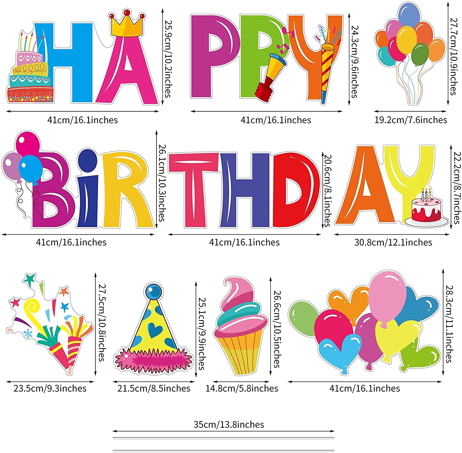 10 Pieces Happy Birthday Lawn Yard Signs with Stakes Colorful Outdoor Birthday Sign Corrugated Plastic Signs with Letters, Party Hat, Hearts, Fireworks, Balloons, Ice cream