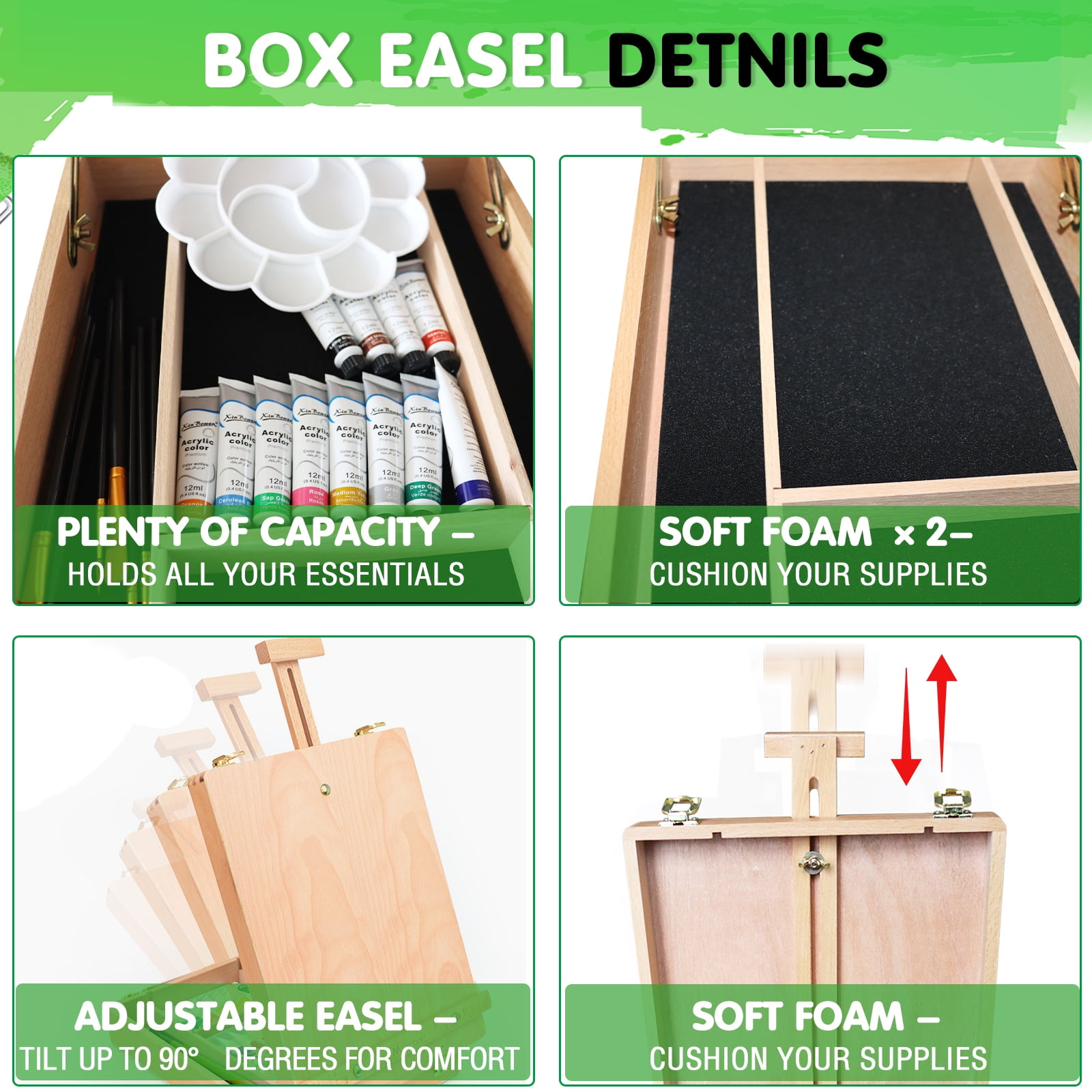 Wooden tabletop art easel box set, 12 Colors Acrylic Paint, scraper, Brushes, Palette, Complete Painting Kit for Kids, Adults, Artists