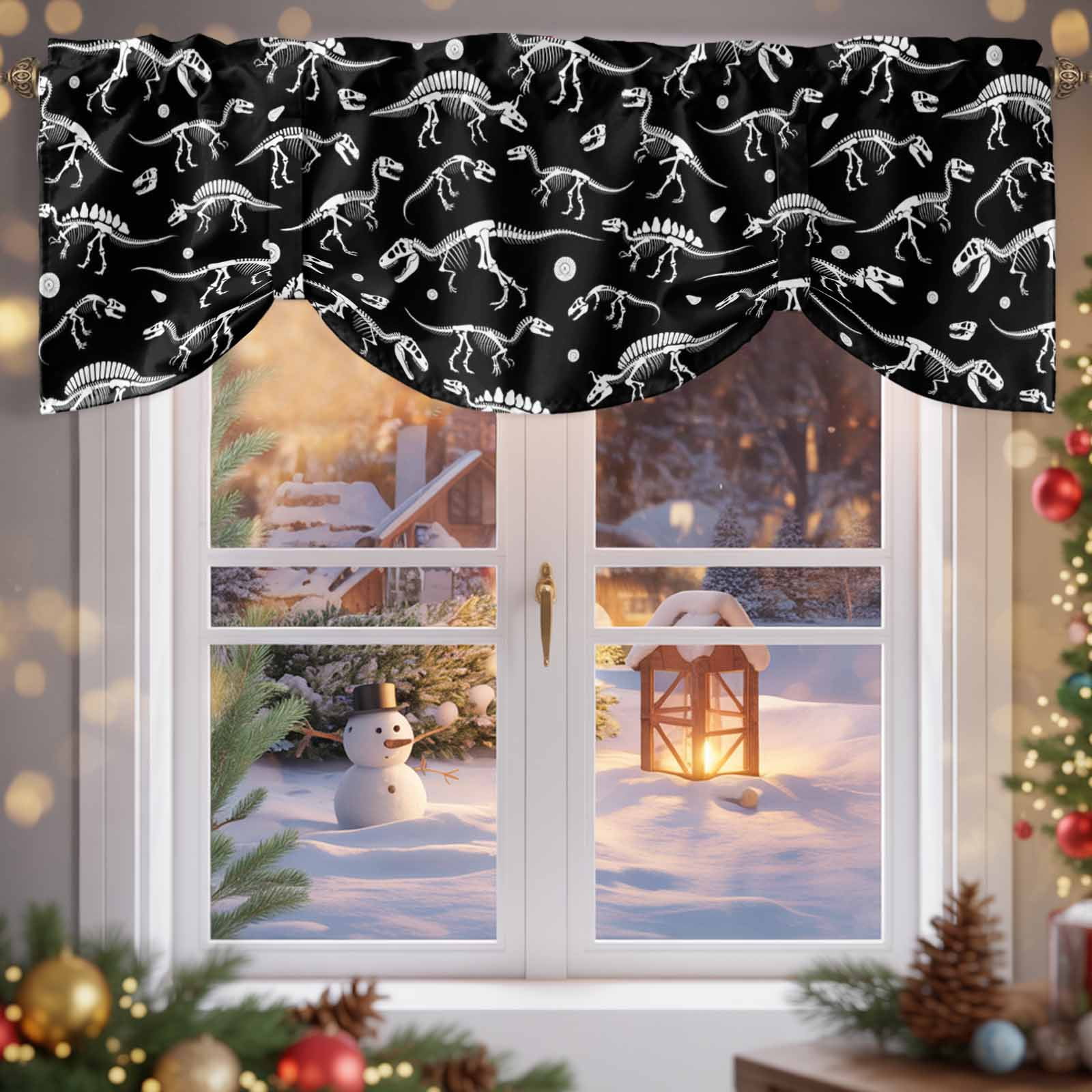 Tie Up Valance Halloween Dinosaur Black Valances for Windows Funny Dino Skull Boys Girls Children Balloon Shade Valance Window Treatment Short Curtain Valances for Living Room Kitchen Bedroom 60"x18"
