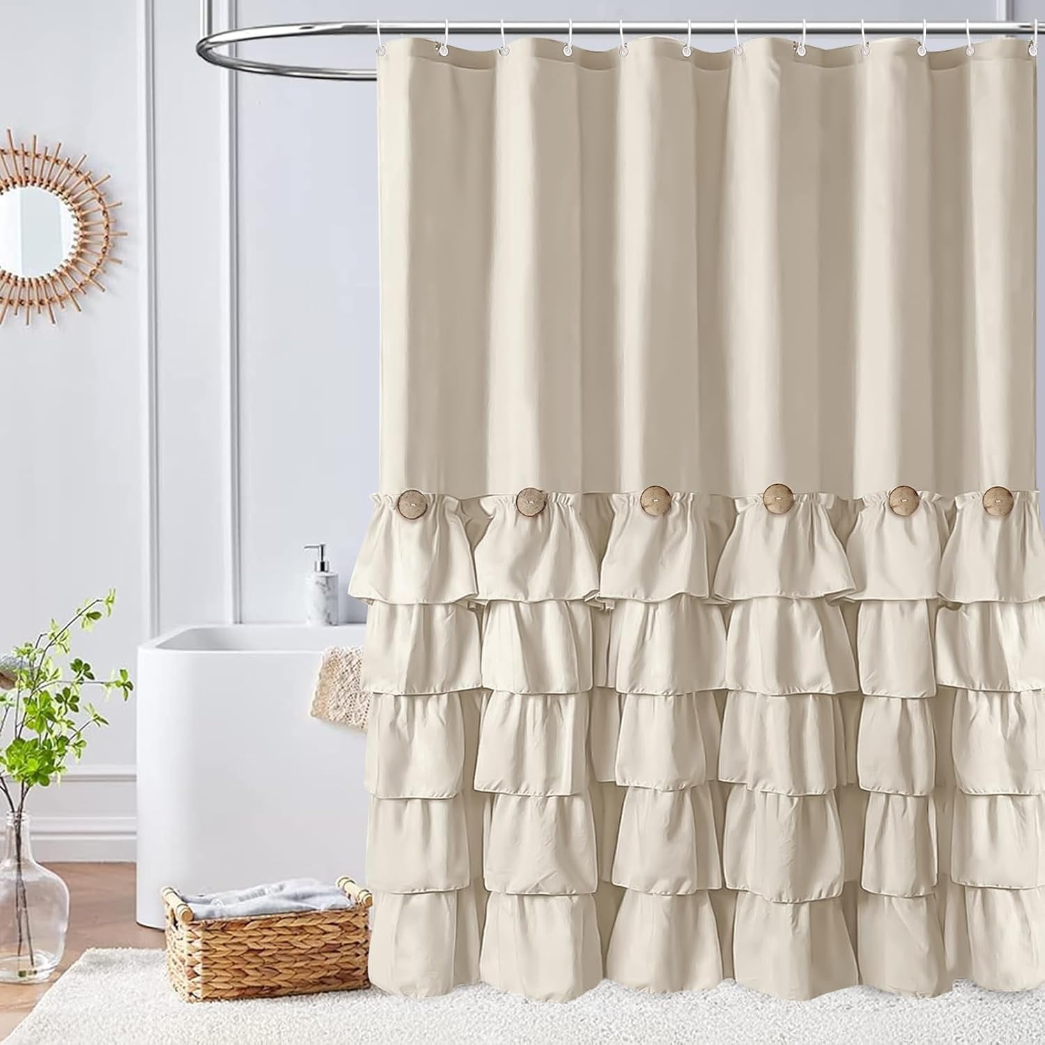 Seasonwood Farmhouse Shower Curtains Beige Ruffle Shower Curtain with Buttons & Ruffles for Bathroom,12pcs Hooks,72"x72"
