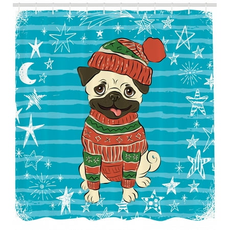 Pug Shower Curtain Happy Dog With Winter Clothes Vibrant Stripped