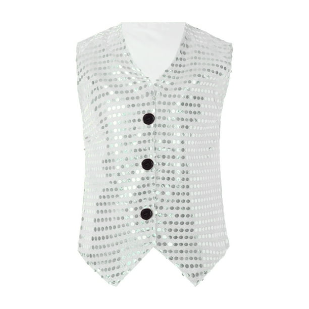 Gibobby Camisa Vaquera Chaleco sin mangas para fiesta de disfraces con y lentejuelas informales para niños y niñas(Plateado, 18-24 Meses)