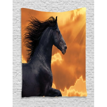 Animal Decor Wall Hanging Tapestry, Portrait Of Galloping Frisian Horse With Warm Hot Sun Rays Intensity Honor Grace Theme, Bedroom Living Room Dorm Accessories, By