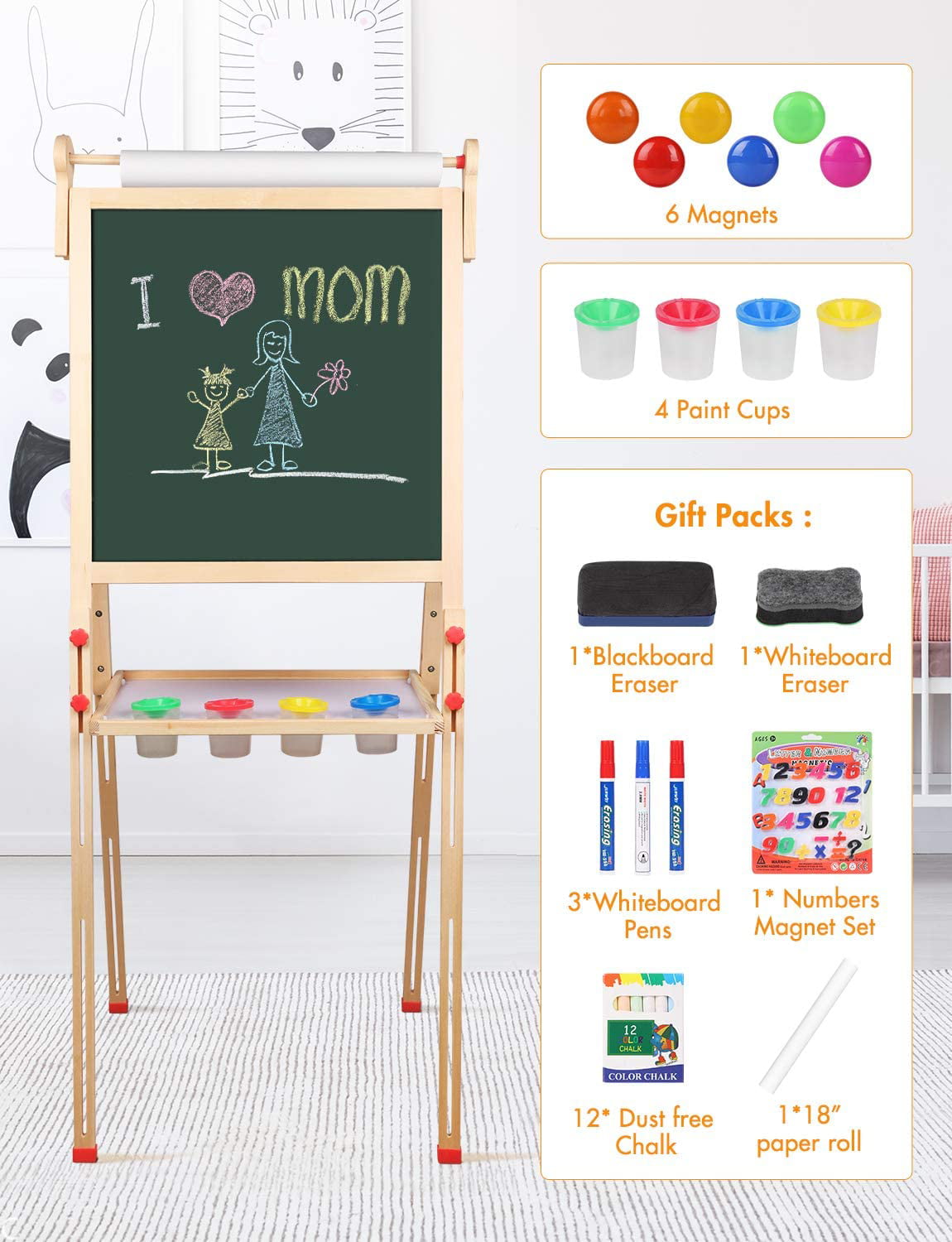 YOHOOLYO Kids Wooden Art Easel with Paper Roll Double Sided Whiteboard Chalkboard Children Easel,Adjustable Height Magnetic Dry Easel Drawing with Kids Art Easel Playset for Boys Girls Gifts