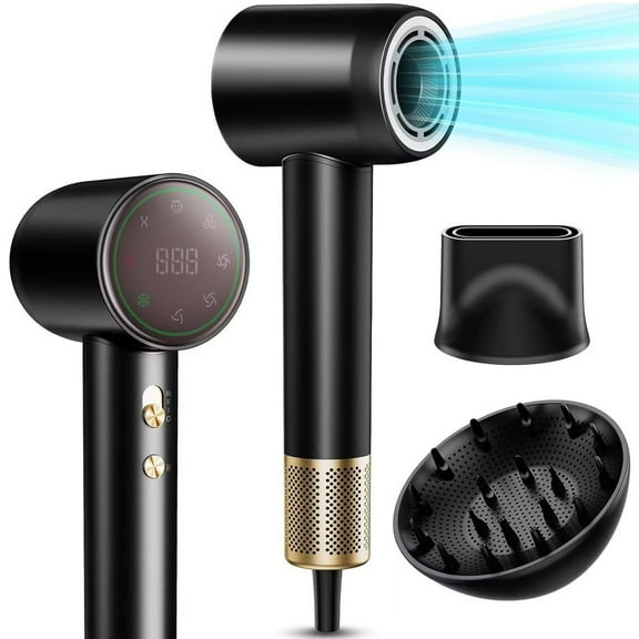 SUGIFT Ionic Hair Dryer with Diffuser and Nozzle, 1500W LCD Display Blow Dryer, Hair Dryers for Home Travel Salon, Black