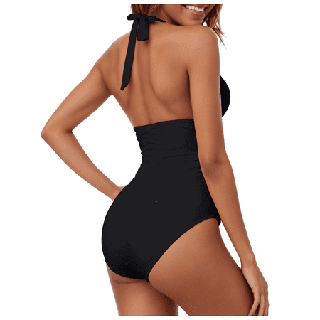 Fulorrnie One Piece Swimsuit for Women Athletic Support Tie Front V Neck Swimwear Racerback Bathing Suit Black M