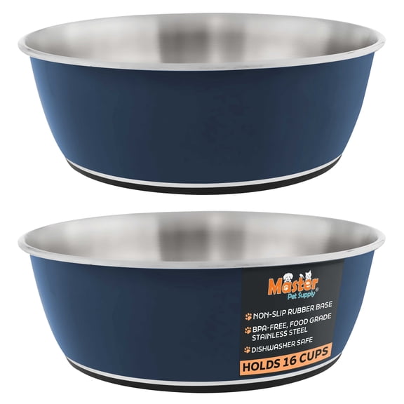 Master Pet Supply Stainless Steel Dog Bowls Set of 2 (128 Oz Each) with Non-Slip Rubber Base - Navy Blue - Basic Dog Food Bowl Water & Food Bowls for Small Medium Large Dogs & Cats, Metal Dish