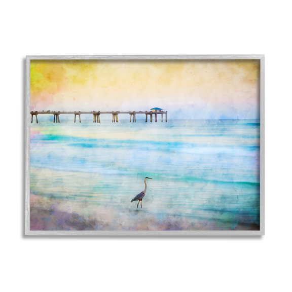 Stupell Industries Abstract Heron on Shore Animals & Insects Painting Gray Framed Art Print Wall Art, 30 x 24