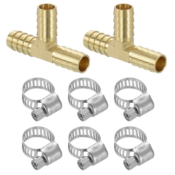 Uxcell 2pack Brass Tee Barb Fittings, 3-Ways Tee 1/2" x 1/2" x 1/2" Barbed, with 6pack Hose Clamps