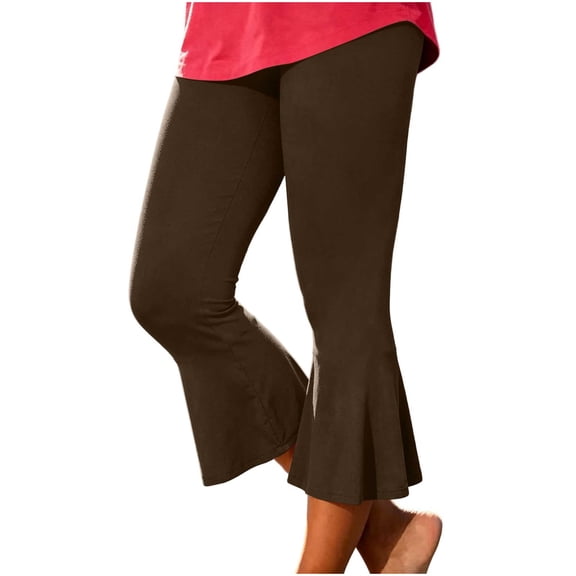 Yyeselk Women High Waisted Capri Flare Pants Slim Fit Solid Color Fashion Pleated Bell Bottoms Lightweight Stretch Yoga Leggings Brown XL