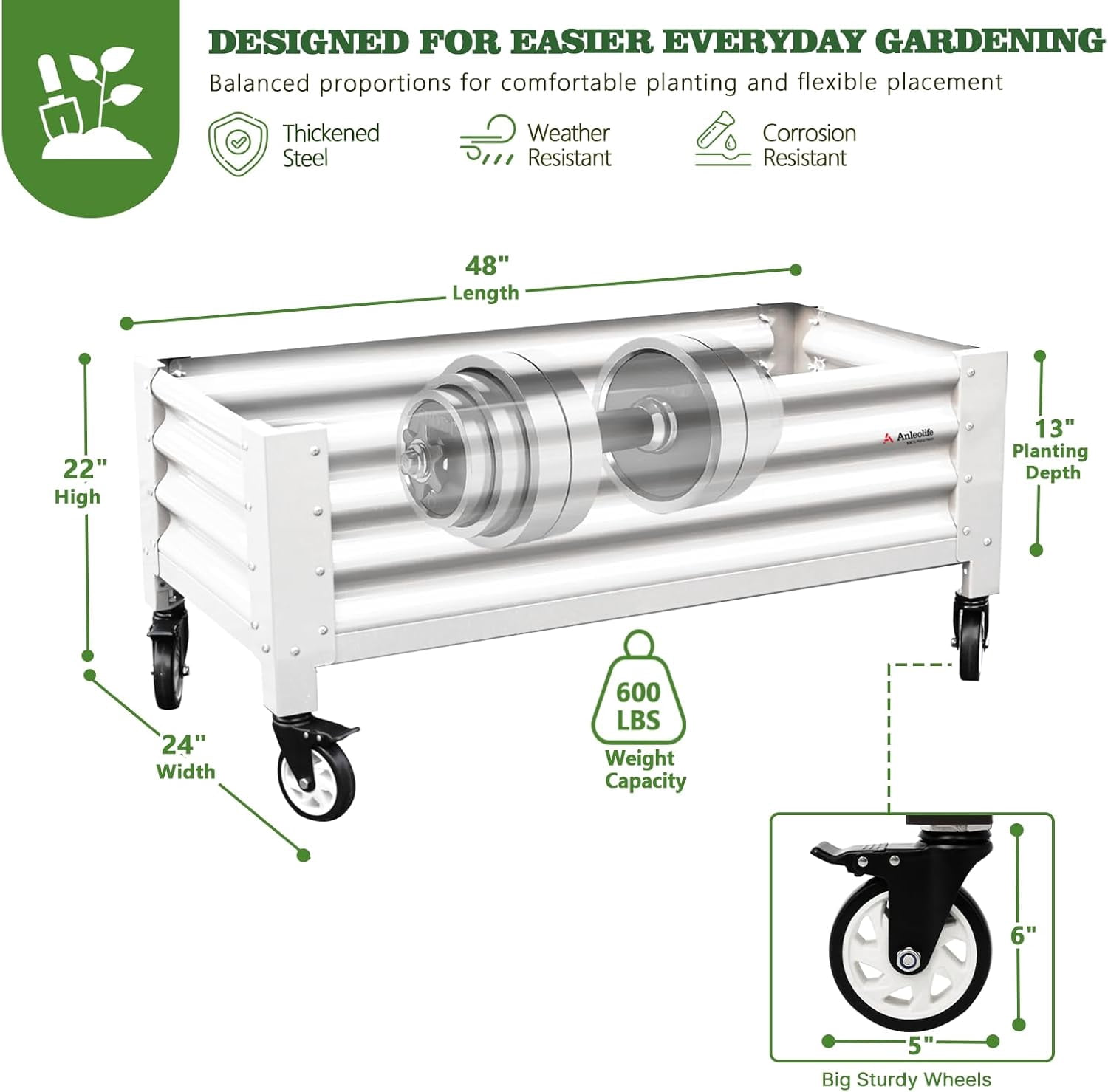 A ANLEOLIFE Low Profile Elevated Garden Bed 4ft x 2ft - 22in Raised Planter Box with Legs with Stainless Steel Caster, Extra Spacious for Gardening Vegetables Flowers, 600lb Capacity, Antique White