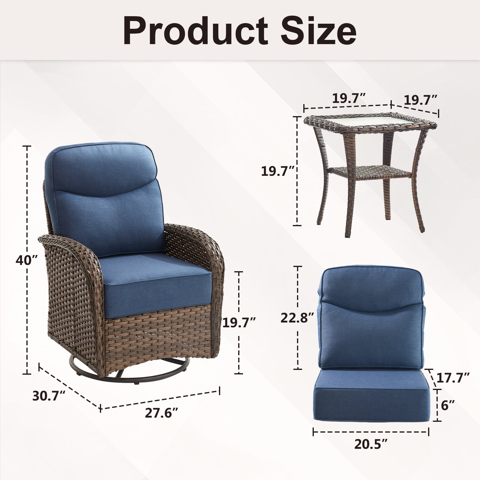 POCASSY Patio Swivel Chairs with 6-Inch Extra Thick Cushion, 3-Piece Patio Furniture Set, High Back Swivel Chairs Set of 2 with Side Table, All-Weather Brown Wicker Blue Cushion, for Porch Balcony