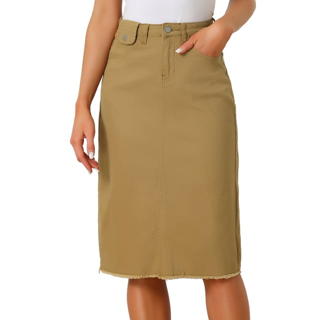 Faldas de mezclilla de mujer Inspire Chic, de cintura alta, con dobladillo sin terminar, hasta la rodilla, envolventes, color caqui, talla M