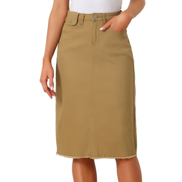INSPIRE CHIC Women's Jean Skirts High Waist Raw Hem Knee Length Wrap Denim Skirts Khaki L