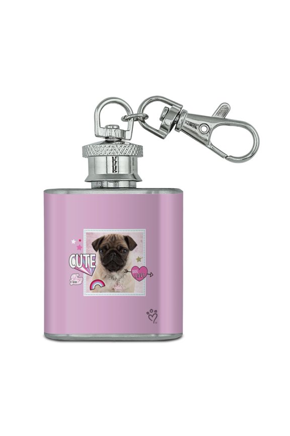 Cute Pug Puppy Dog Love Stainless Steel 1oz Mini Flask Key Chain