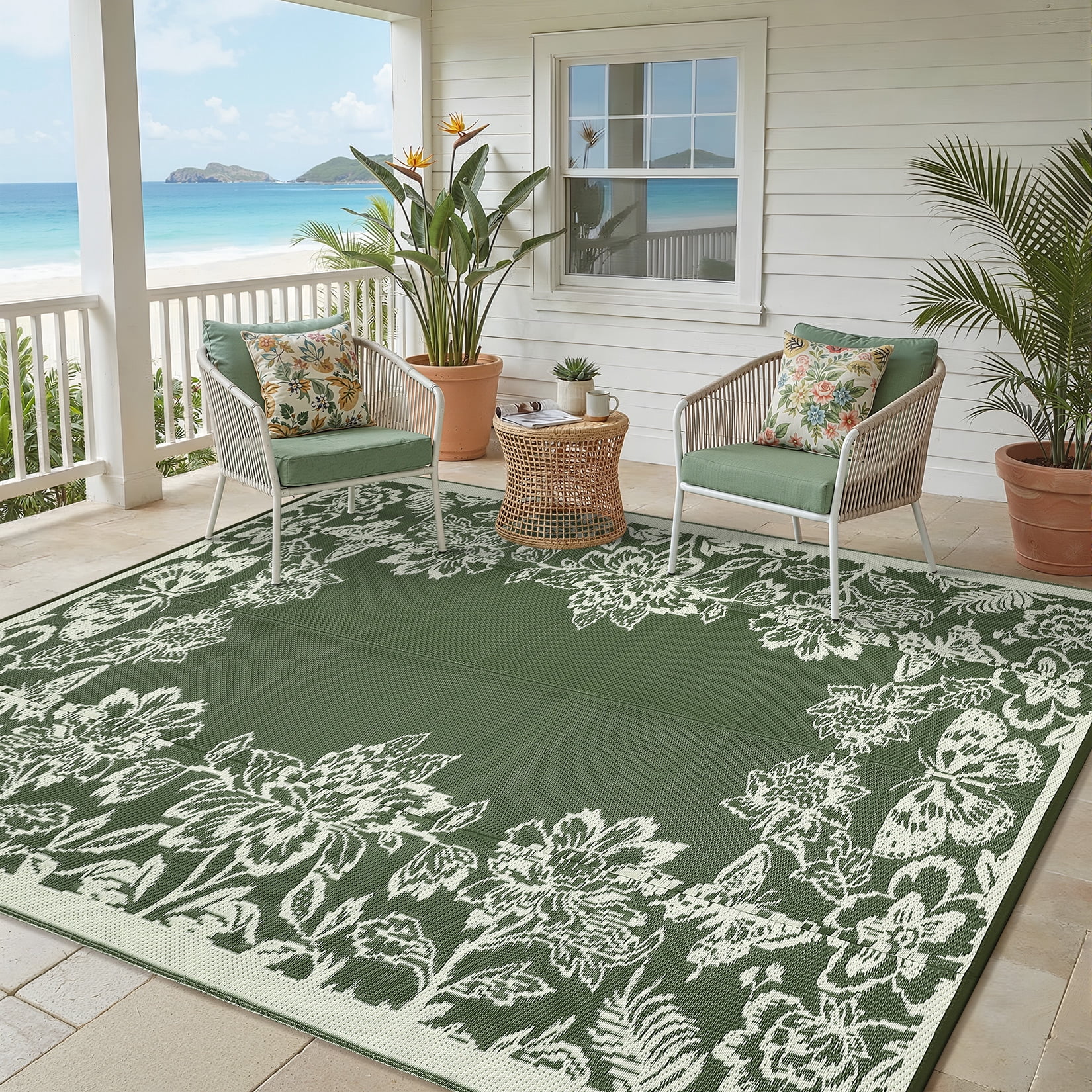 HIWEAVER Sage Green 9'x 18' Outdoor Rug PP Plastic Straw Woven Waterproof Patio Rug with Floral Border Portable Outside Carpet for Balcony Deck Picnic Garden Decor