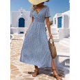 thumbnail image 3 of Womens Blue Floral Print V-Neck Short Sleeve Casual Maxi Dress With Slit, 3 of 8