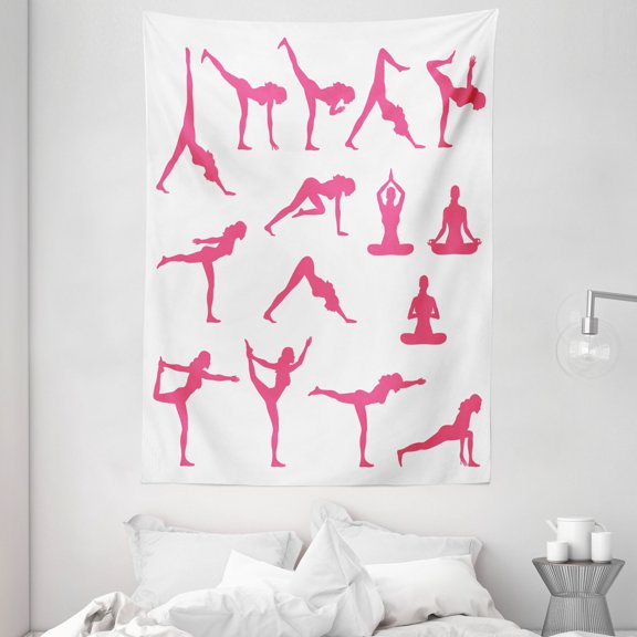 Yoga Tapestry, Pink Women Silhouettes in Different Yoga Positions Flexibility Aerobics Workout Action, Wall Hanging for Bedroom Living Room Dorm Decor, 60W X 80L Inches, Pink White, by Ambesonne