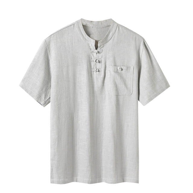 Camisas Elvqul Caballero Playa Gris Lino sin Estampado Algodón Manga Corta Cuello Redondo