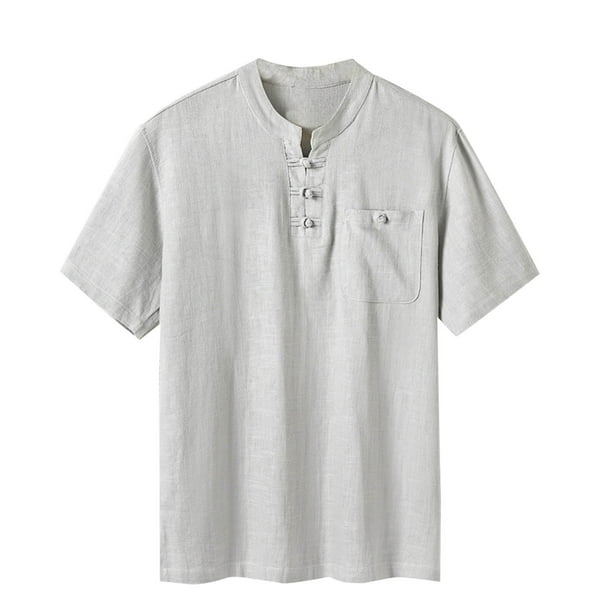 Playeras Elvqul para Hombre Casuales Gris Algodón Lino Manga Corta Liso Cuello Redondo