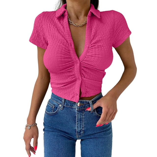 Top de moda con botones de solapa de diseño delgado y ajustado de manga corta para mujer para ir de compras en la oficina, citas, rojo rosa S