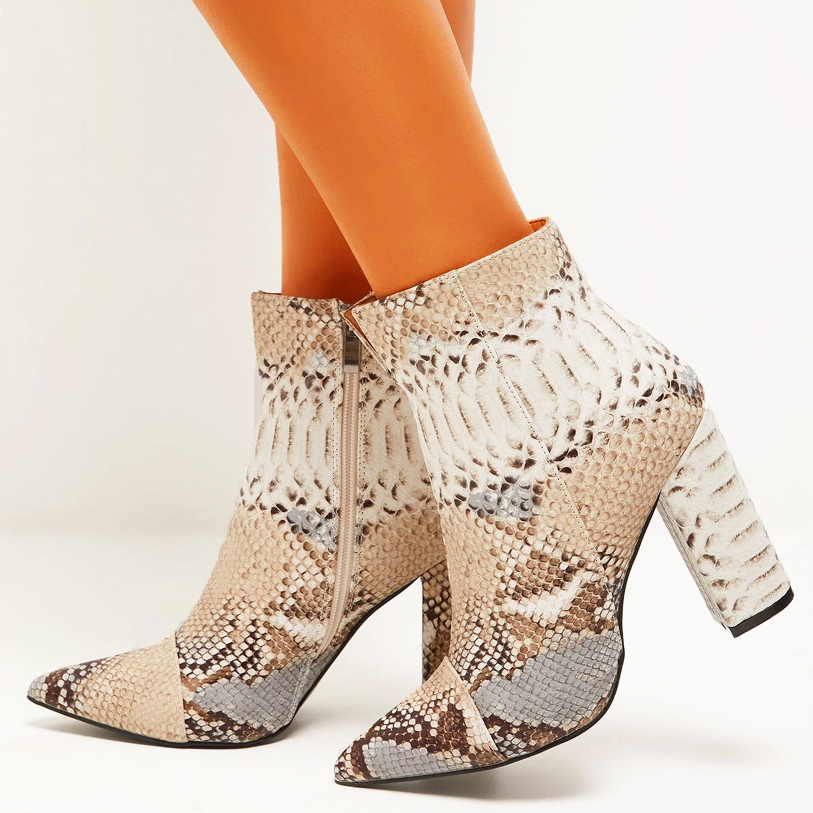 Women's Ankle Boots Snakeskin Block High Heels Platform Lace Up Round Toe Shoes