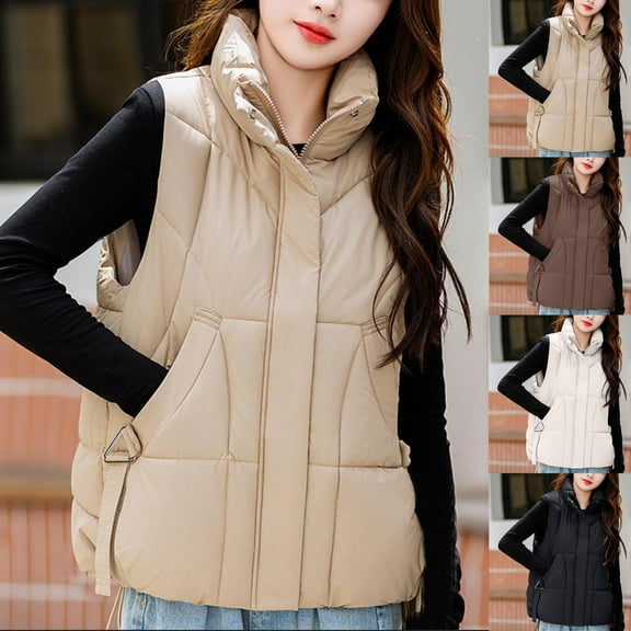 HAPIMO Womens Puffer Vest Sleeveless Zip Up Quilted Coat Stand Collar Gilet Jacket with Pockets Cotton Black L