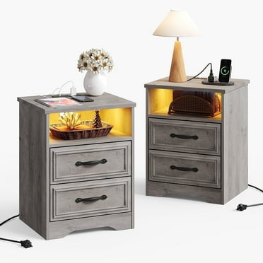 Relefree Nightstand with Charging Station Set of 2, 2 Drawer Dresser for Bedroom with LED Light, Bedside Table End Table Side Table for Living Room, Gray